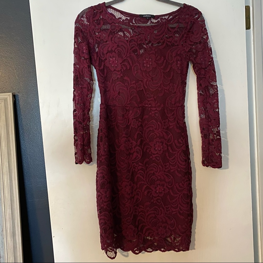 Wine Lace Long Sleeve Dress